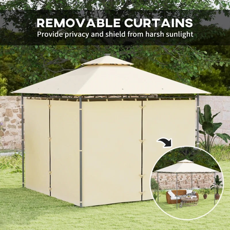 3m x 3m Beige Garden Gazebo with Double Roof, Metal Frame, Curtains & Solar-Powered LED Lights - Outdoor Canopy Shelter for Patio & Decking