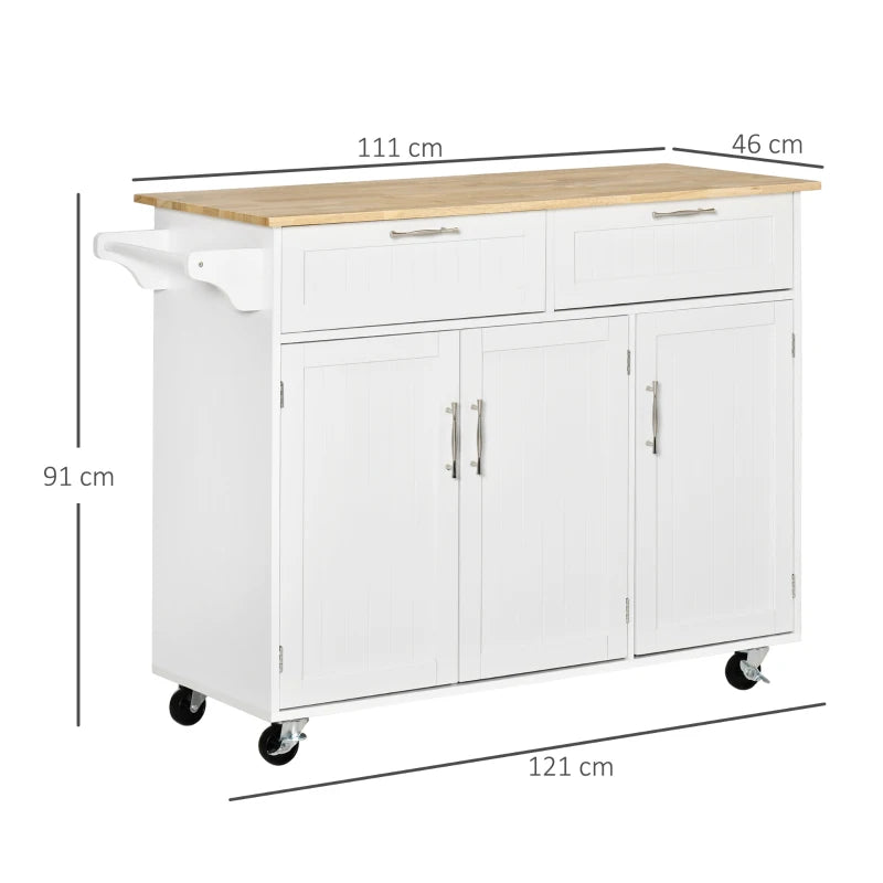 White Kitchen Island Utility Cart with 2 Storage Drawers & Cabinets - Perfect for Dining Room Organization