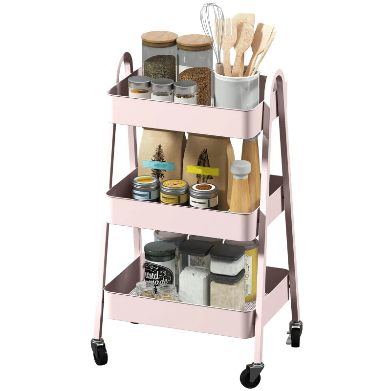 Pink Three-Tier Storage Trolley - Stylish Rolling Cart for Organizing Home, Office, or Kitchen - Versatile and Functional Design