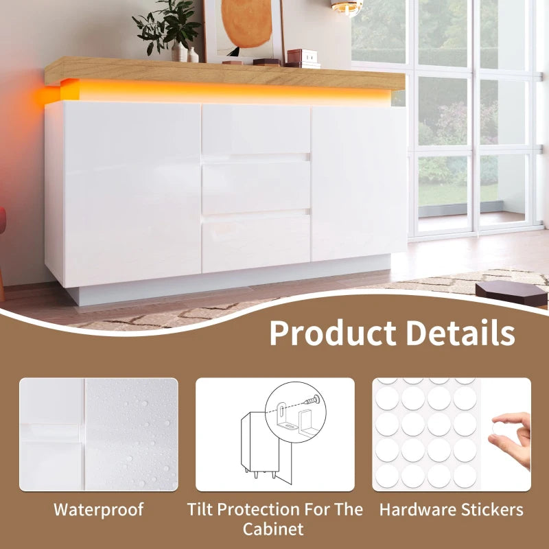 High-Gloss White Chest of Drawers with LED Lighting - 2 Doors & 3 Drawers Sideboard Cabinet, 140x39x81 cm