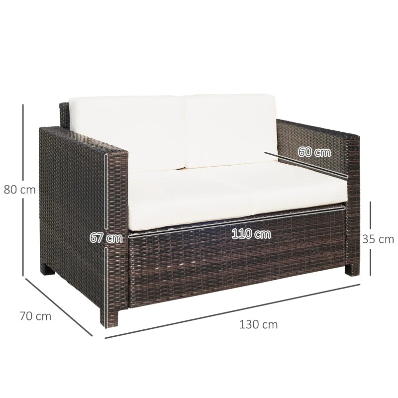 2 Seater Rattan Sofa - Mixed Brown Wicker Garden Loveseat with Soft Padded Cushions and Armrests for Patio