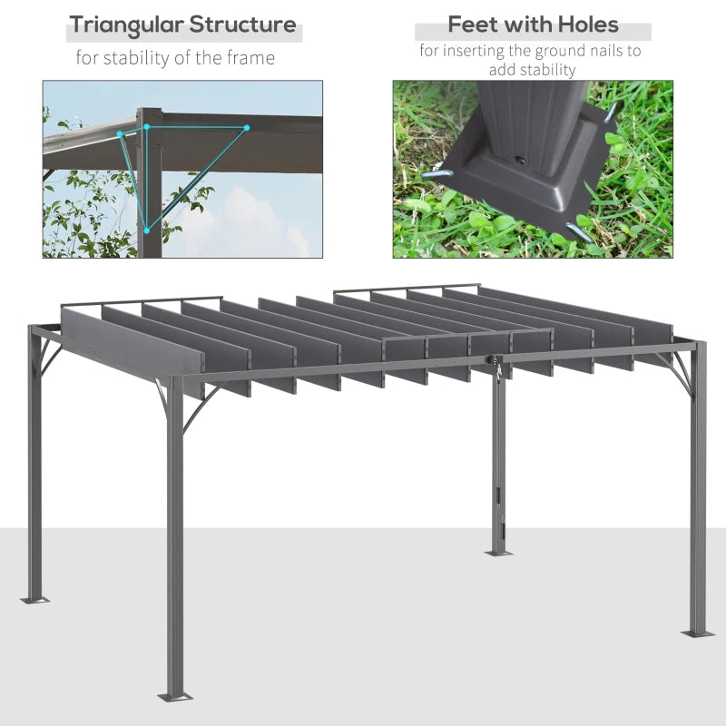 4m x 3m Grey Outdoor Pergola with Retractable Roof - Aluminium Louvered Patio Gazebo Canopy for Lawn and Garden