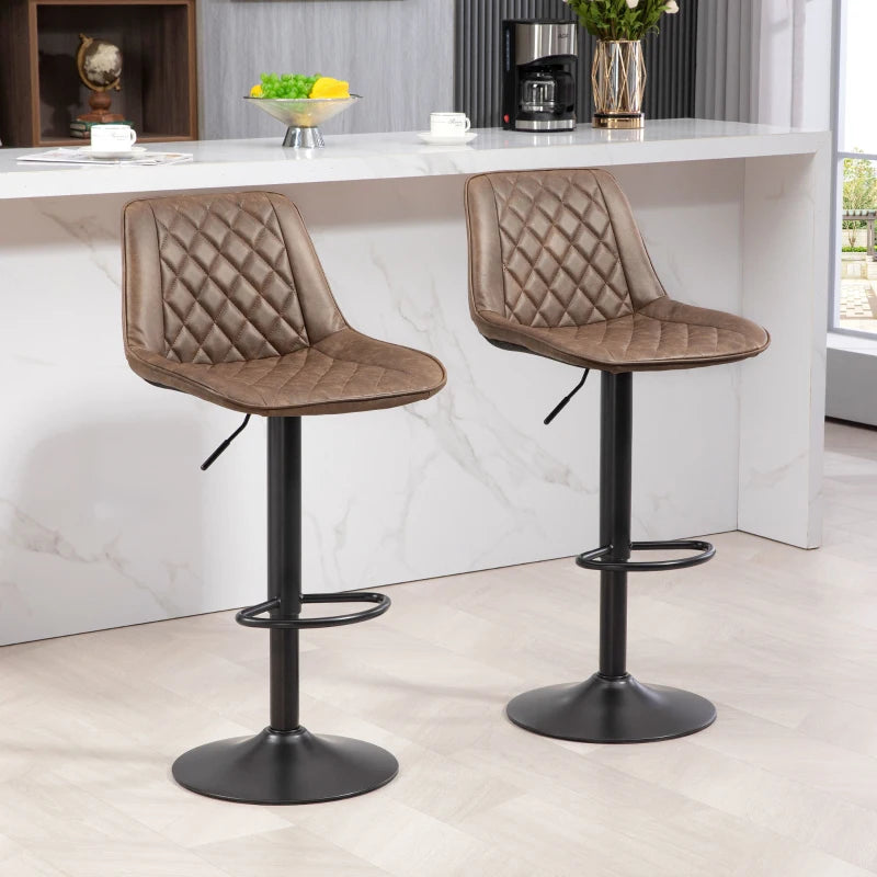 Retro Adjustable Bar Stools Set of 2 - Swivel PU Leather Kitchen Chairs with Back, Footrest & Steel Base - Brown