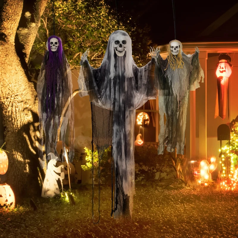 Set of 3 Hanging Skeleton Halloween Decorations - Scary Flying Ghosts for Garden & Party - 90/110/170cm Sizes