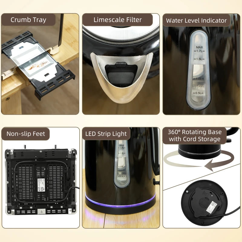 Premium Black Kettle and Toaster Set - 1.7L Rapid Boil Jug Kettle with Strix Thermostat & 4-Slice Toaster with 7 Browning Levels