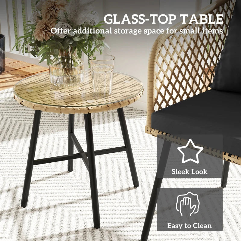 3 Piece Rattan Bistro Set with 2 Chairs, Glass Table, Cushions, Adjustable Feet, Wood Finish