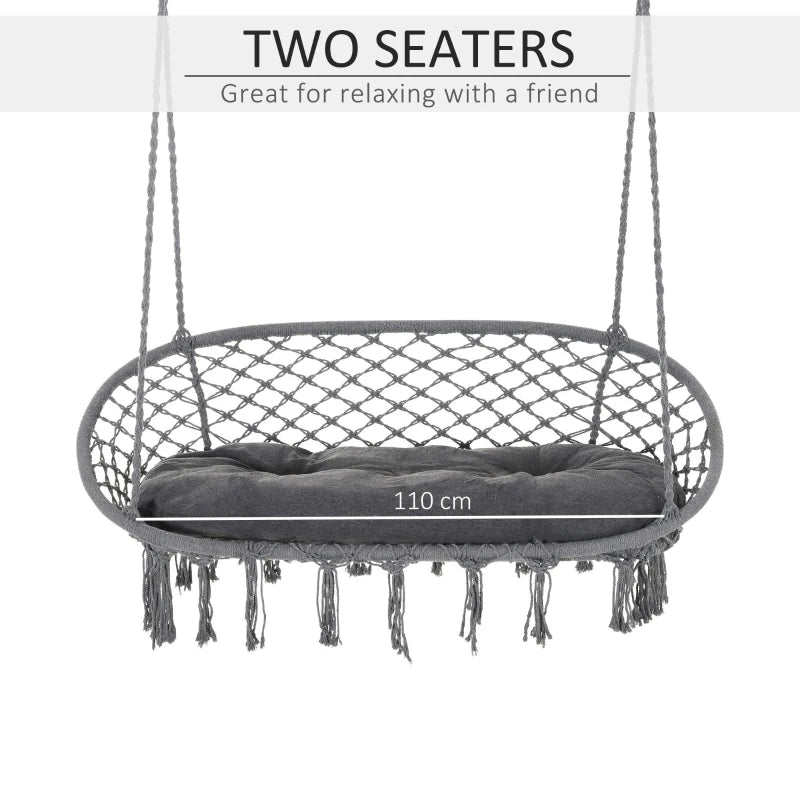 Dark Grey 2-Seater Macrame Hanging Hammock Chair with Soft Cushion