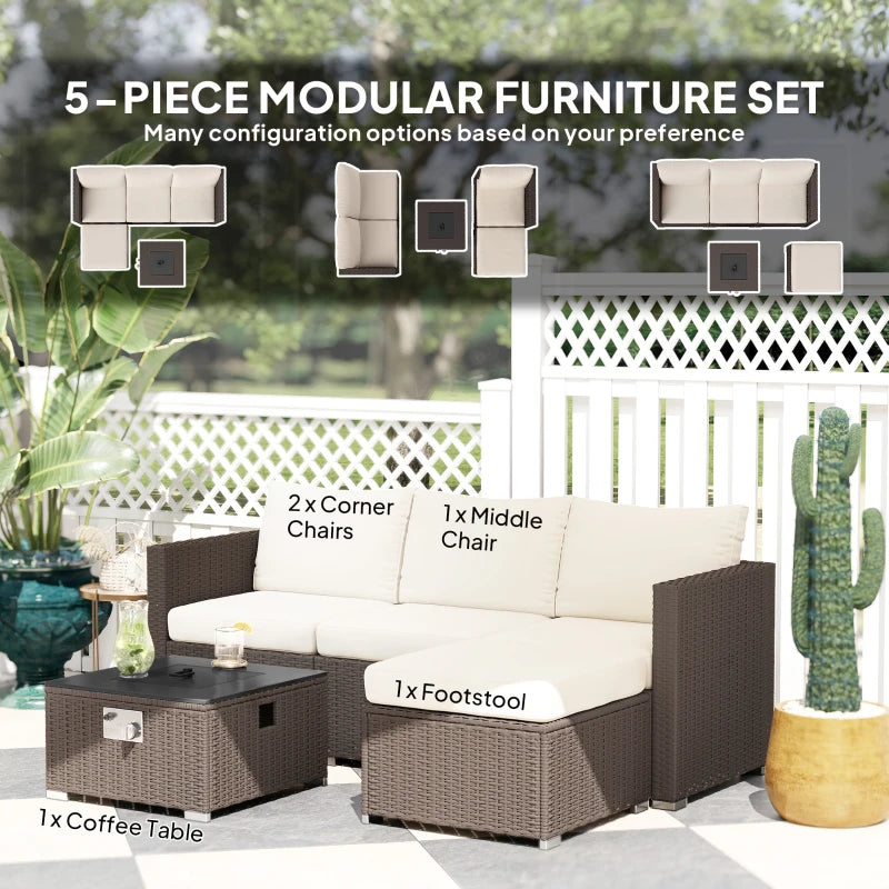 5-Piece Rattan Garden Furniture Set with Gas Fire Pit & Footstools - Brown & Cream