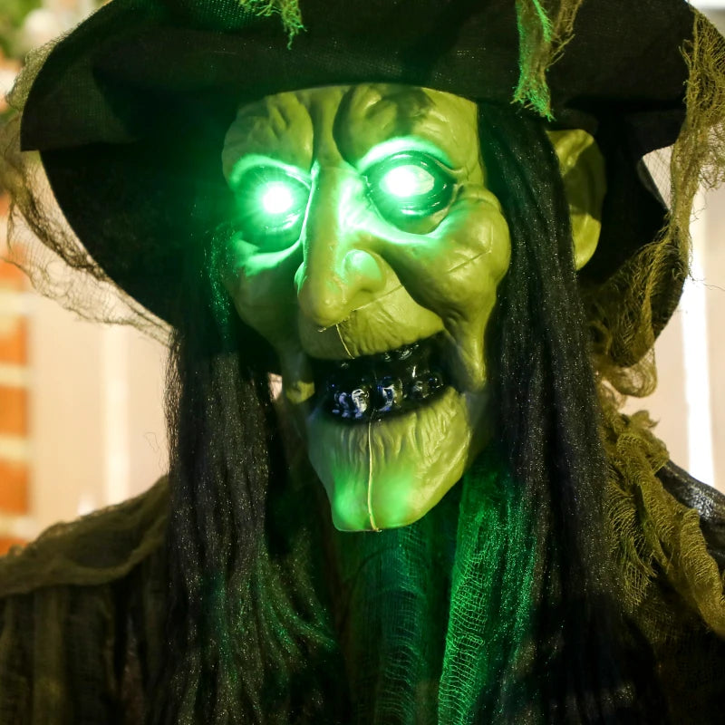 170 cm Life Size Animated Witch with Glowing LED Eyes - Spooky Halloween Decoration, Battery Operated Indoor Party Prop