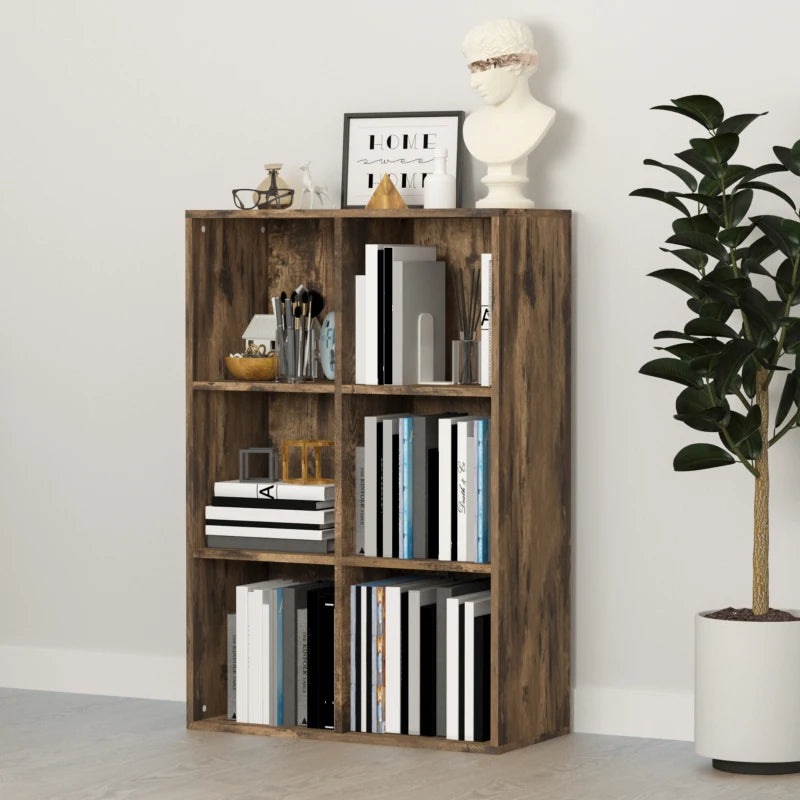Rustic Brown Six-Cube Bookcase - Stylish Storage Solution for Home & Office, Versatile Wood Effect Design