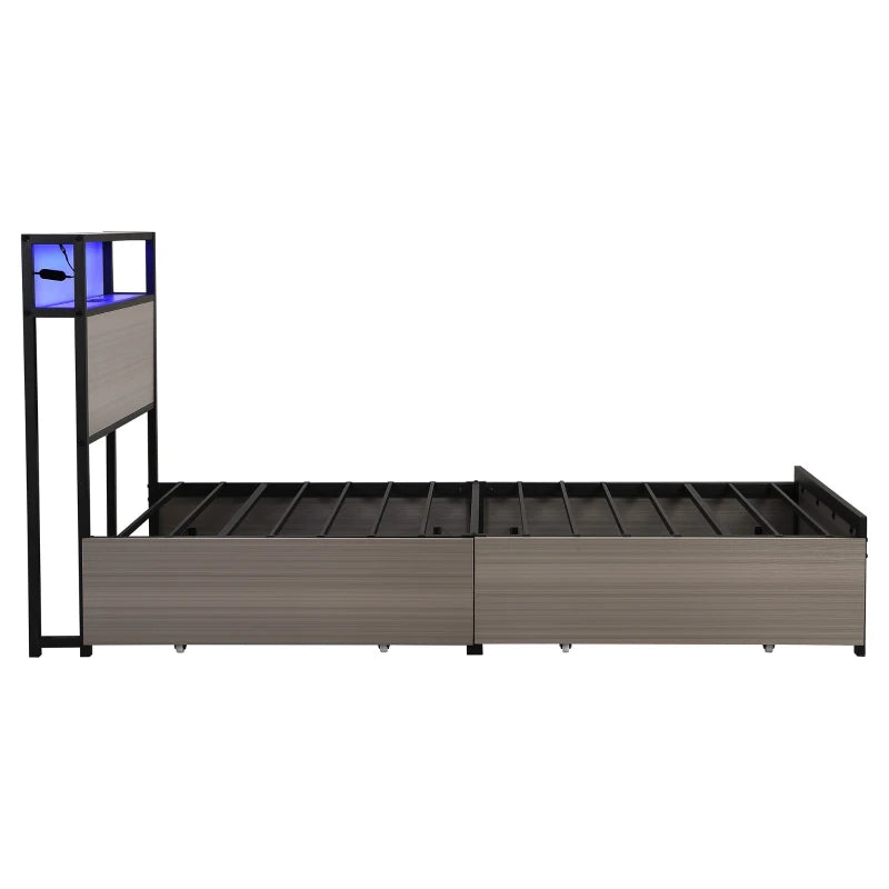 Metal Single Bed with LED Light Strip, 4 Drawers & 3 USB Ports - Stylish Grey Bedroom Furniture, 207x90.5x105 cm