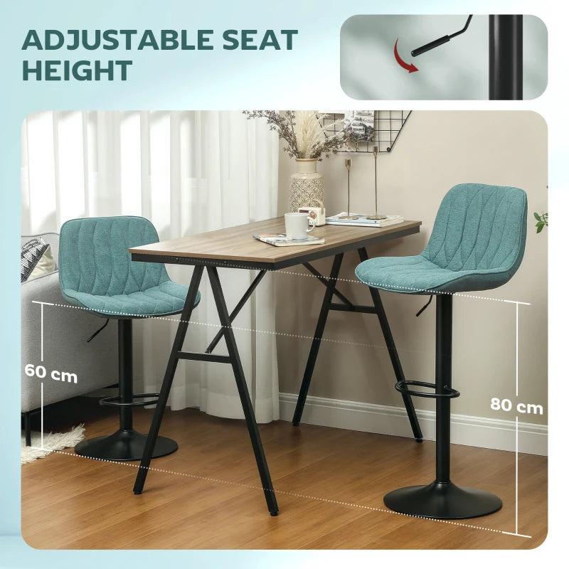 Set of 2 Stylish Blue Linen-Look Bar Stools - Modern Design for Kitchen & Dining - Comfortable Seating