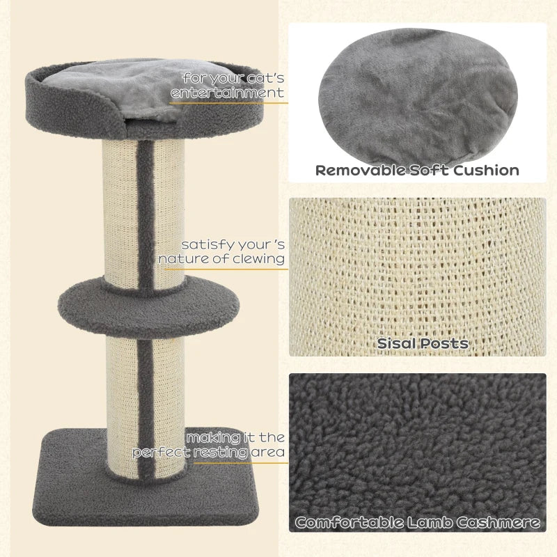91cm Grey Cat Tree Tower with Scratching Post, Bed, Perch & Removable Cushion for Indoor Kittens