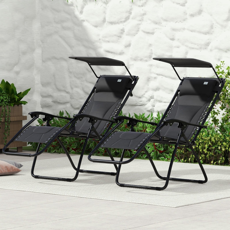 Zero Gravity Lounger Chair Set of 2 - Folding Reclining Patio Chairs with Shade Cover, Padded Seat, Cup Holder, Soft Cushion and Headrest - Black