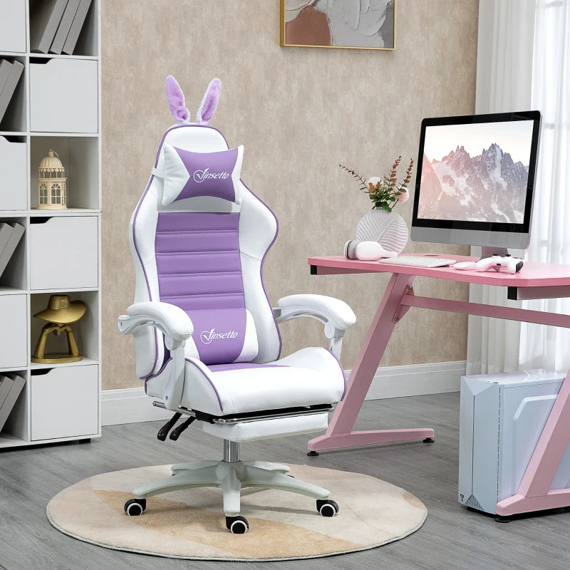 Vinsetto Purple Racing Gaming Chair - Reclining PU Leather with Removable Rabbit Ears, Footrest, Headrest & Lumbar Support