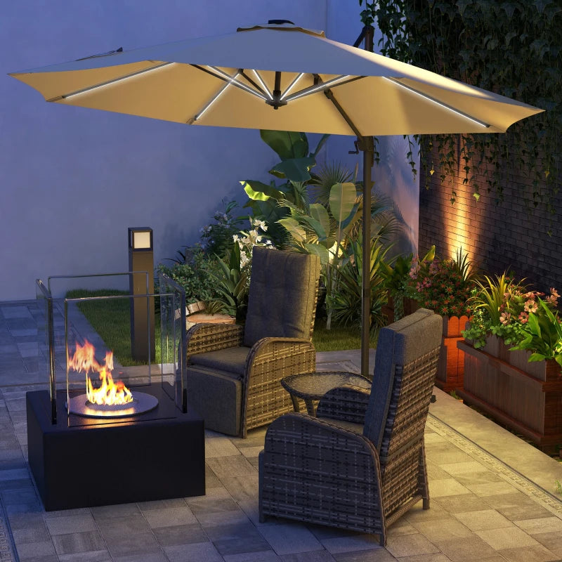 Adjustable Khaki Cantilever Parasol with Solar LED Lights & Base