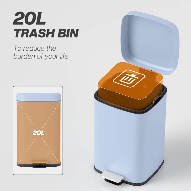 20L Modern Boxy Metal Kitchen Bin - Stylish Light Blue Trash Can for Home Organization and Waste Management