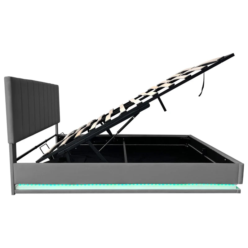 Ottoman Double Bed with Hydraulic Storage & LED Lighting - PU Leather Frame, Adjustable Headboard, Grey, 193x142x101-111 cm