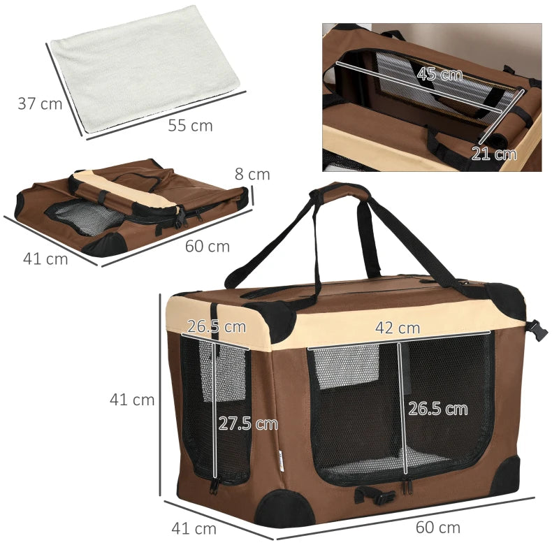 60cm Foldable Pet Carrier with Cushion for Mini Dogs & Cats - Stylish Brown Travel Bag