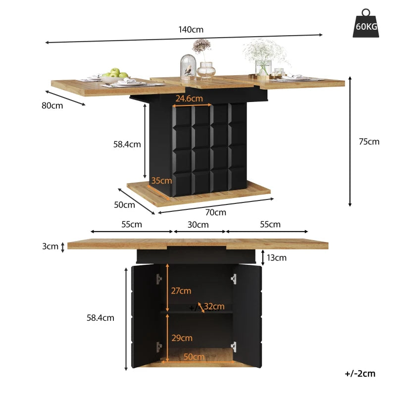Telescopic Extendable Dining Table for 4-6, Foldable Kitchen Table with Checked Pattern, Black & Natural, 110-140L x 80W x 75H cm