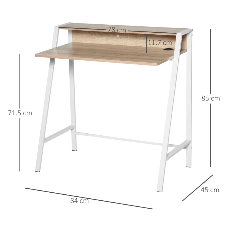 Modern White and Oak Writing Desk - 84L x 45W cm Home Office Computer Table with Storage Shelf for PC & Laptop