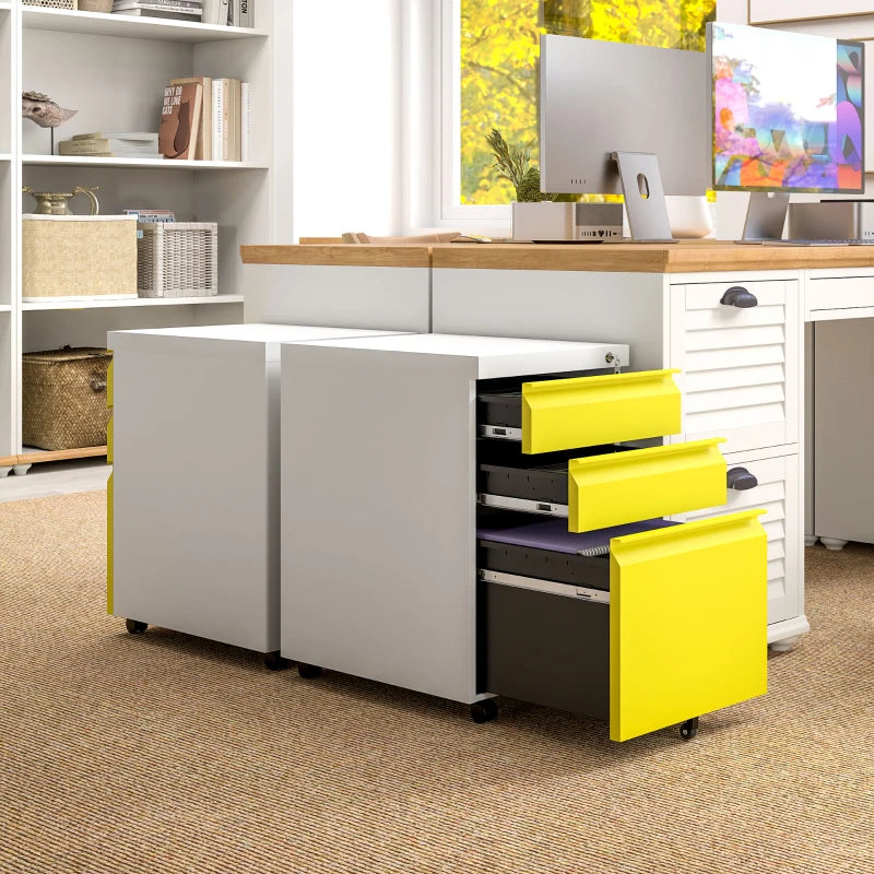 Vinsetto Mobile Metal File Cabinet - 3 Drawer Anti-Tilt Design for Letter, A4, Legal Size - Stylish Yellow