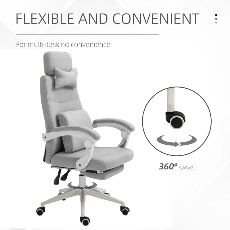 Vinsetto Ergonomic Office Chair - High Back Fabric Desk Chair with 160° Recline, Footrest, Neck & Lumbar Support - Grey