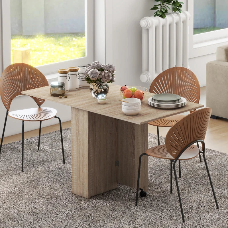 Folding Drop Leaf Dining Table for Small Spaces - 2-Tier Shelves & Rolling Casters - Natural Finish Kitchen Table
