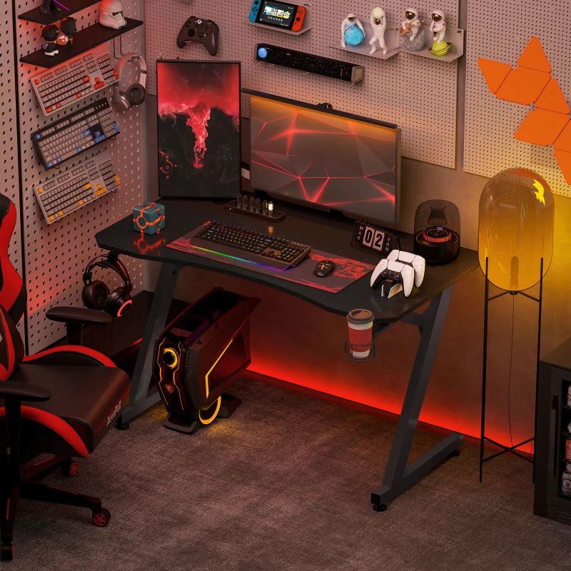 Gaming Desk 120x65 cm - Steel Frame, Cup Holder, Headphone Hook, Adjustable Feet, Cable Organizer - Black Home Office Table