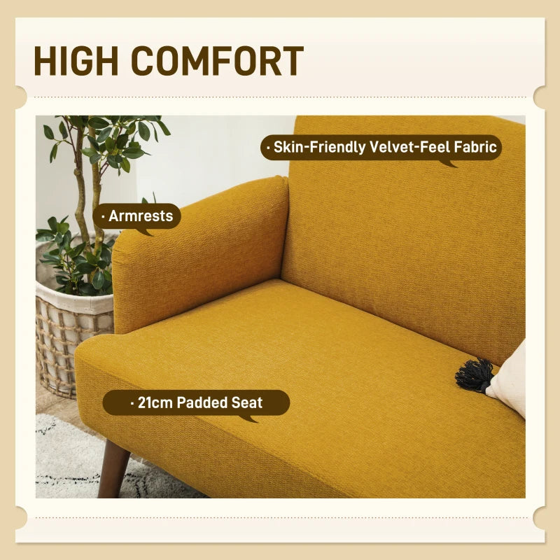 Velvet Feel Fabric 2-Seater Loveseat Sofa with Thick Padding and Wooden Legs in Yellow