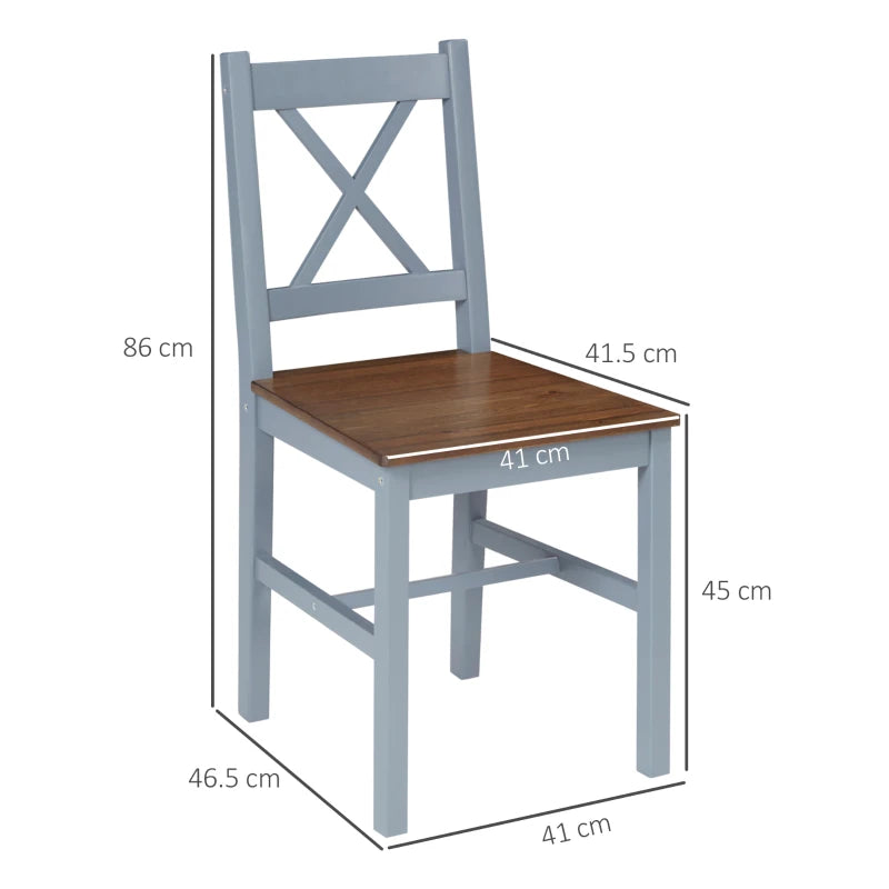 Set of 2 Grey Pine Wood Dining Chairs with Cross Back Design - Solid Kitchen & Living Room Seating