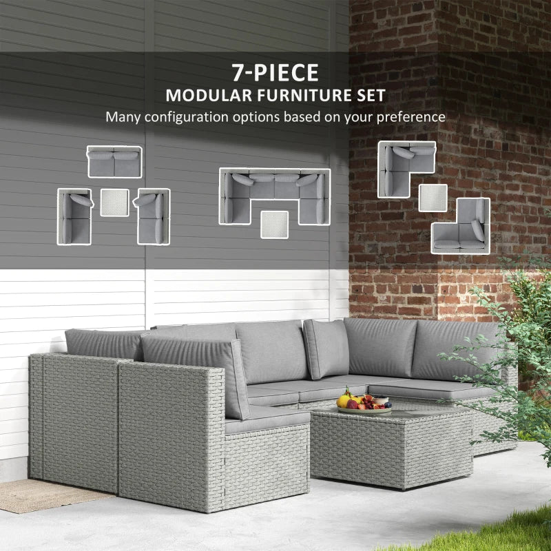 Grey Seven-Piece Modular Rattan Furniture Set for Outdoor Patio and Garden
