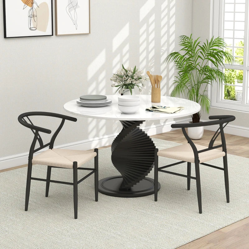 Set of 2 Modern Weave Dining Chairs with Y-Shaped Backrest and Hemp Seat - Black and Beige