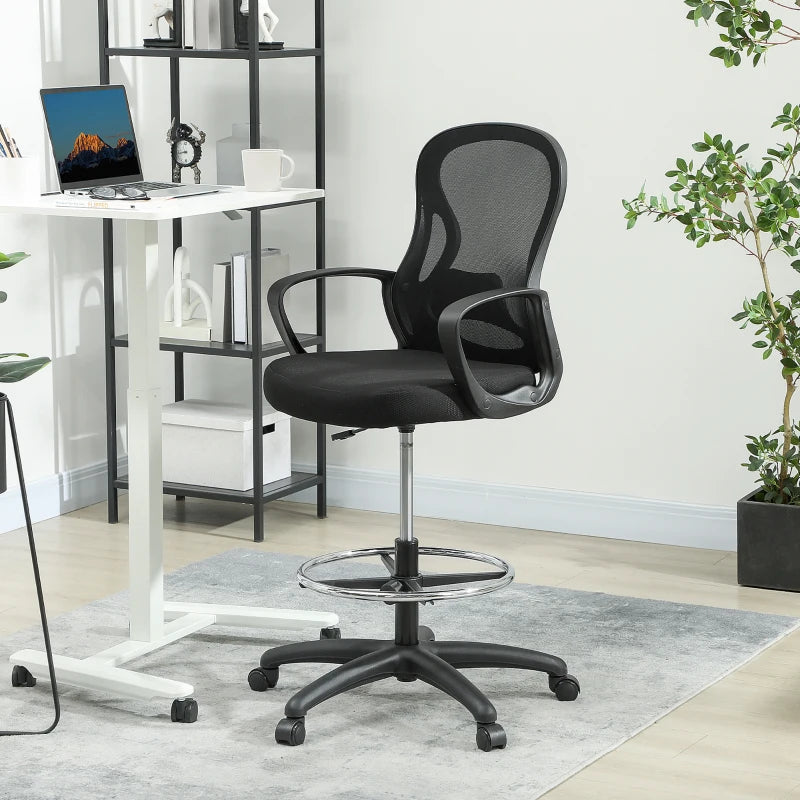 Vinsetto Ergonomic Drafting Chair with Adjustable Footrest & Lumbar Support - Mesh Office Chair for Standing Desks, Black