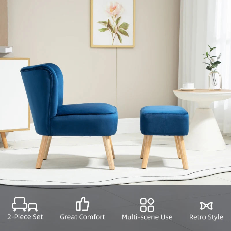 Velvet Accent Chair with Ottoman - Curved Back Tub Seat, Dark Blue, Stylish Home Furniture
