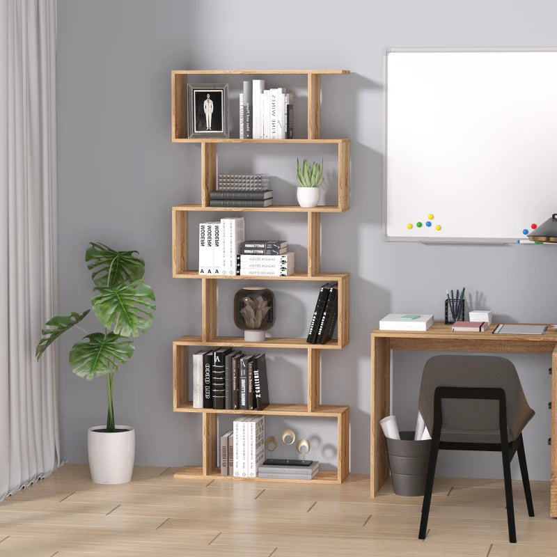 6-Tier S-Shaped Bookcase - Stylish Oak Storage Unit & Display Shelf for Living Room, Bedroom, Home Office, Plants