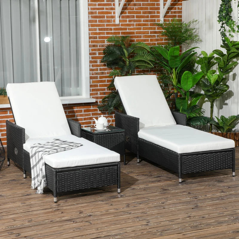 3-Piece Rattan Sun Lounger Set with Cream White Cushions