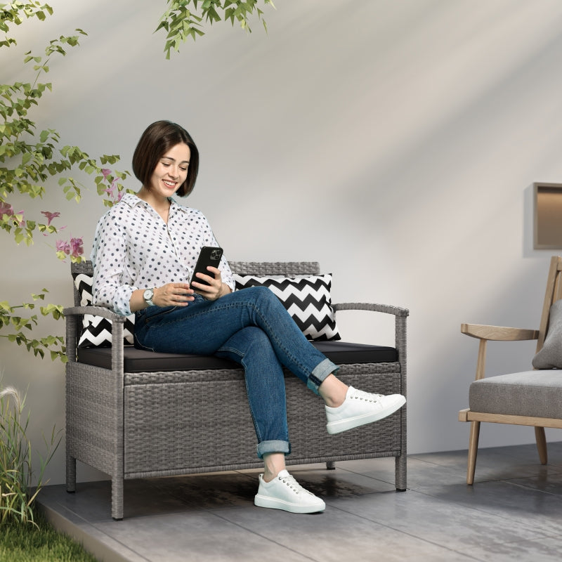 160L Grey Rattan Storage Bench - Two-Seater Outdoor Furniture