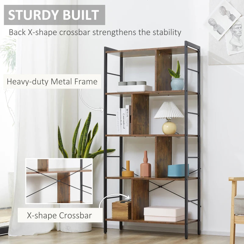 Industrial 5-Tier Storage Unit Bookcase with Open Compartments - Rustic Brown & Black for Office, Living Room, Bedroom