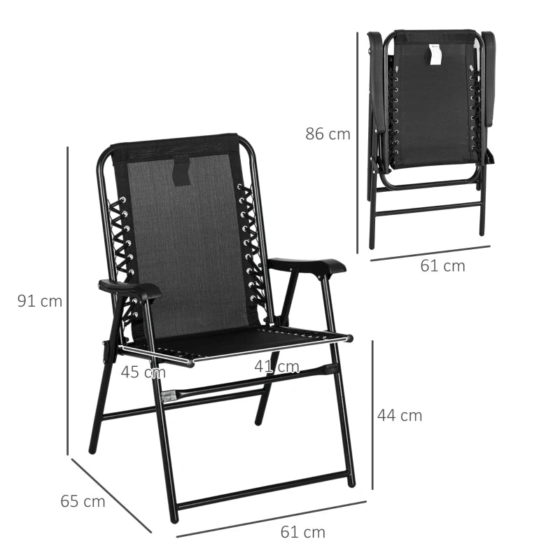 Black Folding Outdoor Patio Chairs Set, 2 Pcs, Armrests, Steel Frame