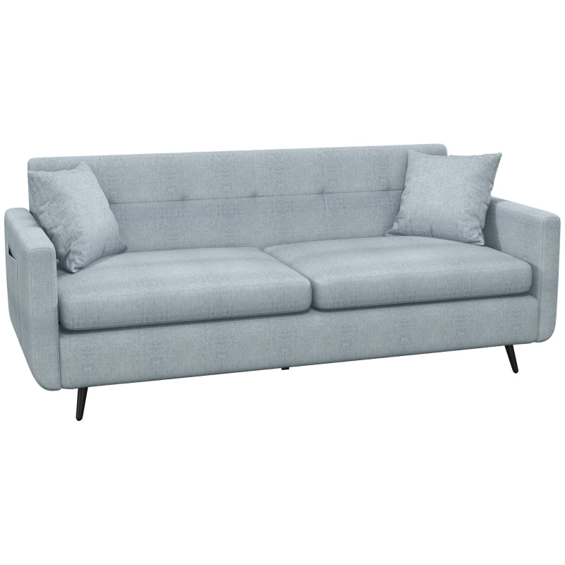 Modern 165cm 3-Seater Sofa for Living Room, Tufted Fabric Couch with Steel Legs and Storage Pockets, Blue