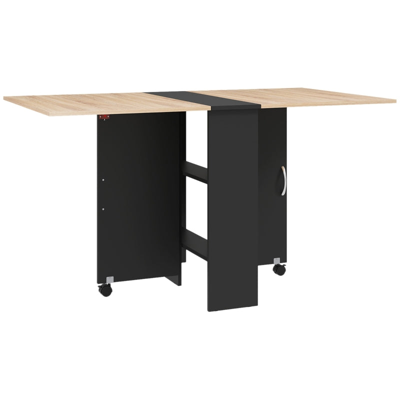 Folding Drop Leaf Dining Table with 2-Tier Shelves & Rolling Casters - Space-Saving Oak & Black Design for Kitchen