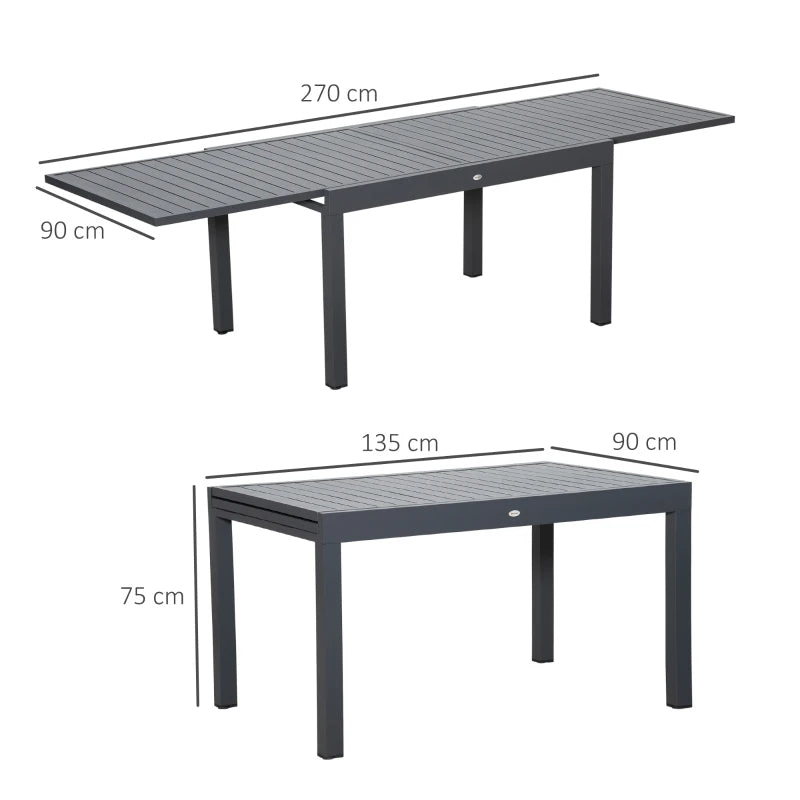 Grey Extendable Outdoor Dining Table, 10 Seater, Aluminium Frame, 135-270cm x 90cm x 75cm