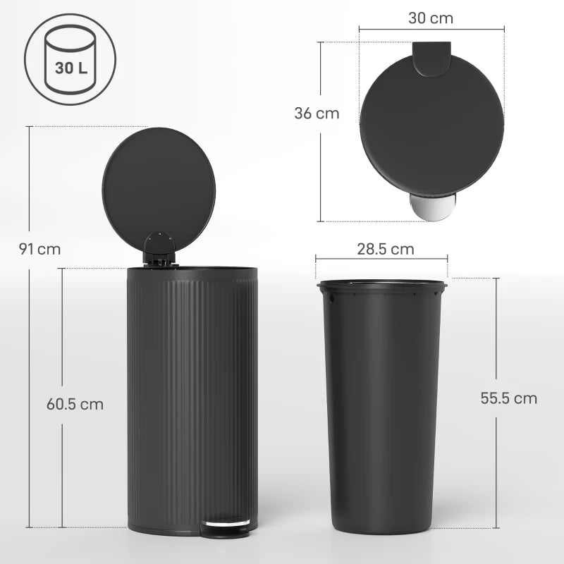 30L Black Pedal Kitchen Bin with Soft Close & Stay Open Lid, Removable Inner Bucket for Home & Office