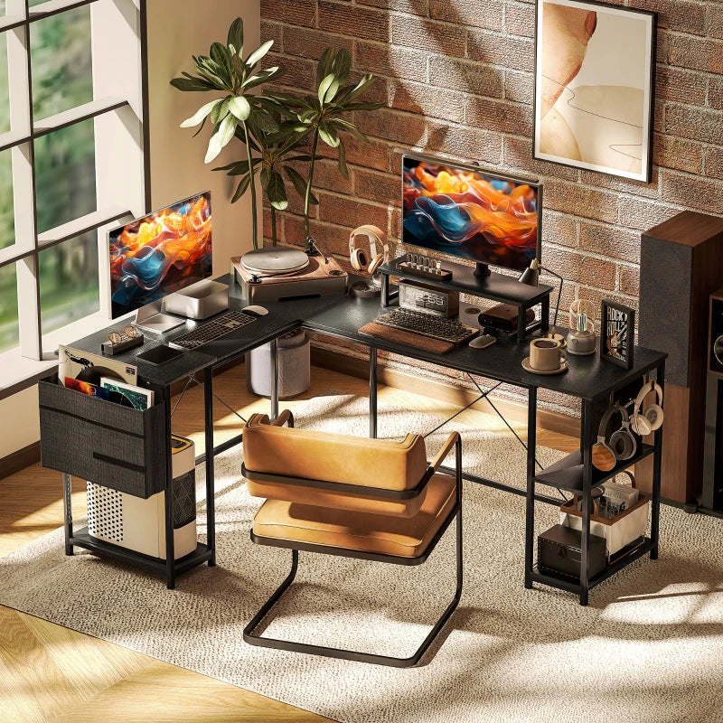 Reversible 168cm L Shaped Desk - Industrial Corner Computer Table with Adjustable Shelf & Storage Bag, 240cm for 2 Users, Black