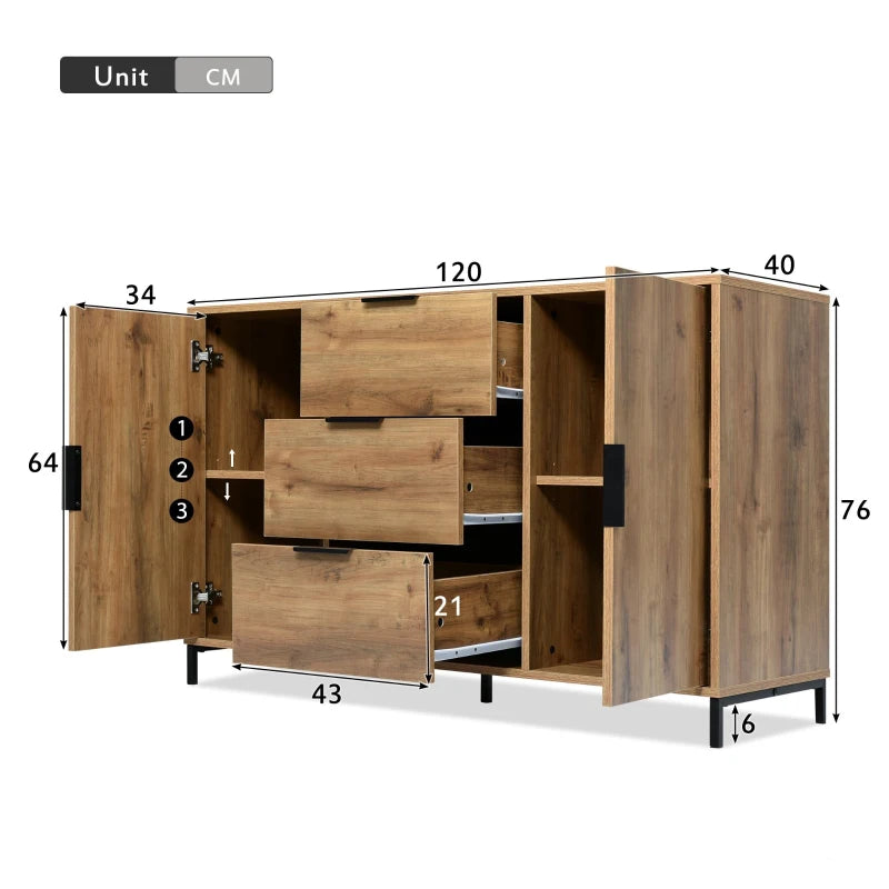 Modern Dark Oak Sideboard Cabinet with 2 Doors 3 Drawers and Adjustable Shelf for Living Room