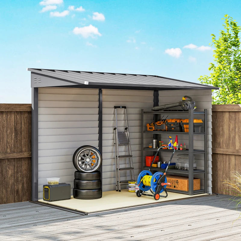 5x9ft Galvanised Metal Garden Shed with Foundation Kit – Lockable Outdoor Lean-to Storage with Vents & Gloves – Grey