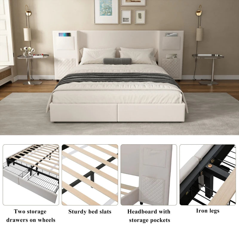 Beige Upholstered Double Bed Frame with Storage Drawers & Headboard Pockets - Velvet & Plywood, 229L x 222.5W x 87.5H cm
