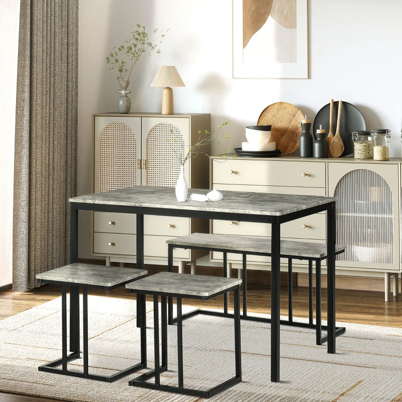 Concrete Effect Dining Table and Chairs Set for 4 - Stylish Kitchen Bench Set with Steel Frame, Grey 4-Piece Dining Room Furniture