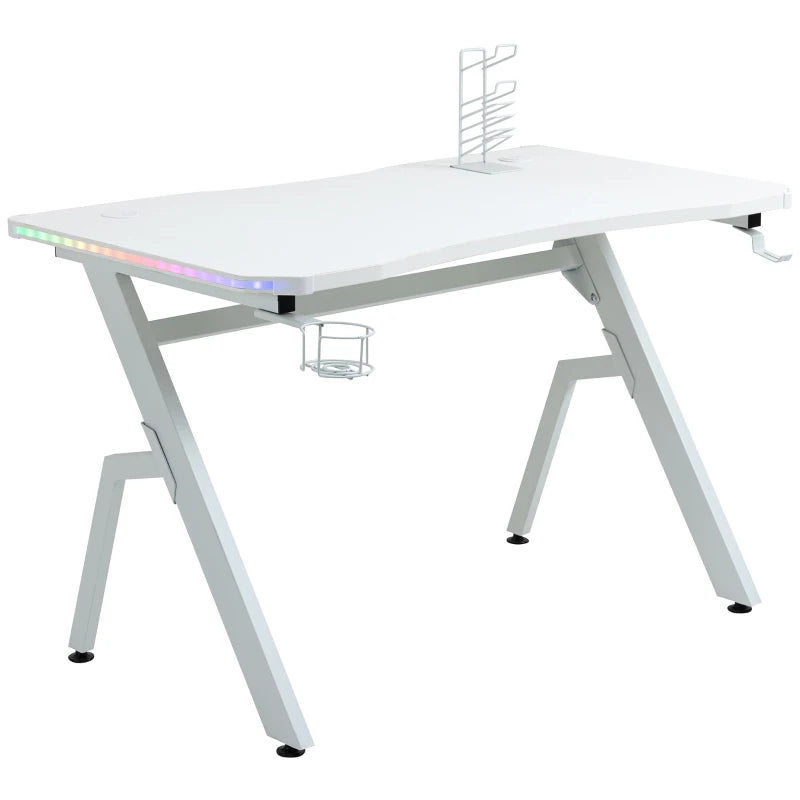 RGB Gaming Desk 120x66cm - Carbon Fibre Computer Table with Headphone Hook, Cup Holder & Controller Rack - White Home Office